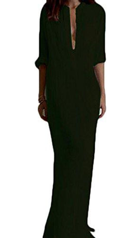 M2Mo Solid Long Sleeve Button Up Shirt Split Maxi Dress Black US L