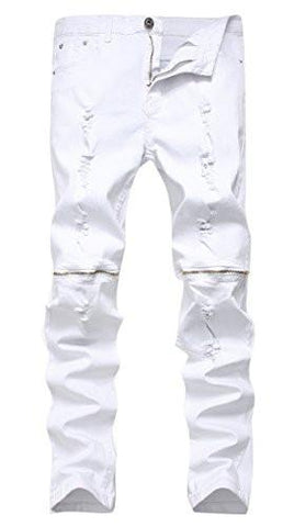 White Zipper Ripped Distressed Destroyed Skinny Fit With Holes White 32