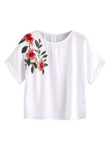 Sweatyrocks Causual SuMMer Tops Floral Embroidered Short Sleeve T Shirt Xl