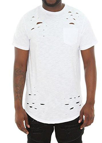 Destroyed Slub Scallop Hem Longline Side Zippers T ShirtWhiteL