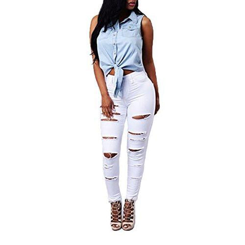 High Waist Knee Skinny Denim Distressed Ripped Boyfriend L White