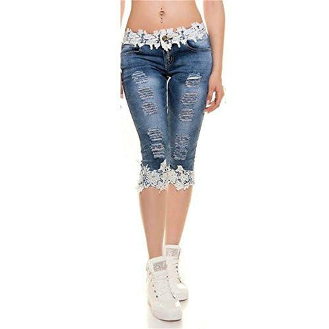 Plus Size Fashion Ripped Denim Shorts Lace Splicing Pants