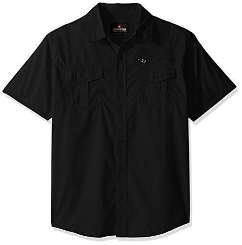 Short Sleeve Solid Woven Shirt With Chest Pockets Black Large