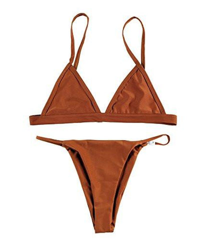 Macvise 2 Pcs Bikini Triangle Top Brazilian Bottom Swimwear Bikini Set LargeUS 68 Coffee