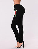 Rose Embroidered High Waist Ripped Skinny Distressed Denim Pants
