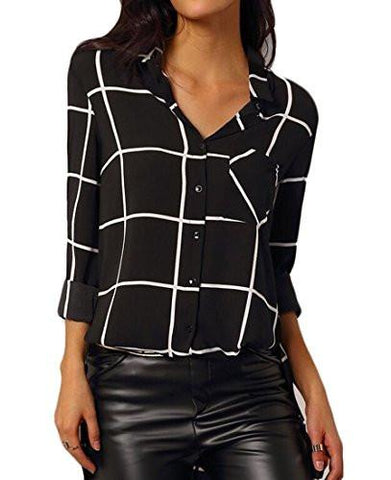 M2Mo Classic Plaid Long Sleeve Midlength Button Up Shirts Black US Xl