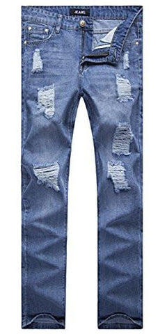 Vintage Blue Straight Fit Destroyed Distressed Denim Pants With Knee Rips 32