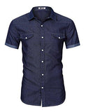 MRWONDER CASUAL SLIM FIT BUTTON DOWN SHIRT SHORT SLEEVE DENIM SHIRTS WESTERN DARK BLUE XL