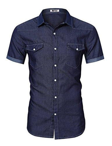 MRWONDER CASUAL SLIM FIT BUTTON DOWN SHIRT SHORT SLEEVE DENIM SHIRTS WESTERN DARK BLUE XL