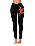 Rose Embroidered High Waist Ripped Skinny Distressed Denim Pants