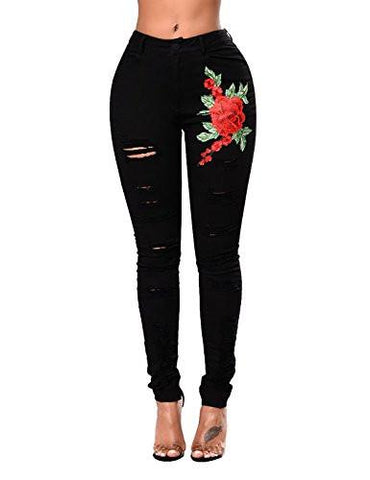 Rose Embroidered High Waist Ripped Skinny Distressed Denim Pants