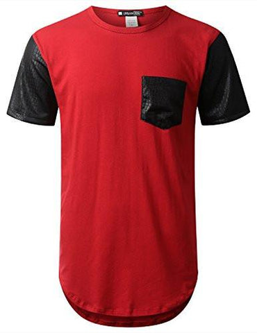 URBANCREWS Hipster Hip Hop PU Sleeves Pocket Longline Tshirt RED XL