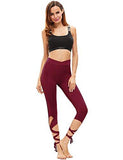 Legging Cutout Tie Cuff Slim Yoga Pants Jogger Workout Tights Burgundy S