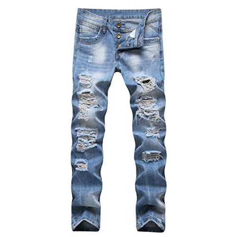 Liuhond Ripped Pants Slim Fit Light Blue Denim Holes Male Pants 36Wx33L Blue