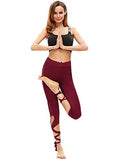 Legging Cutout Tie Cuff Slim Yoga Pants Jogger Workout Tights Burgundy S