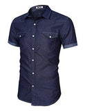 MRWONDER CASUAL SLIM FIT BUTTON DOWN SHIRT SHORT SLEEVE DENIM SHIRTS WESTERN DARK BLUE XL