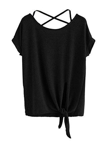 Sweatyrocks Short Sleeve Criss Cross Tie Up Casual Tshirt Blouse Tops #Black