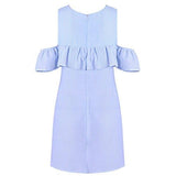 Molfroa Casual Feifei Sleeve Off Shoulder Round Neck Stripe Print Teens Tshirt Dresses MLight Blue