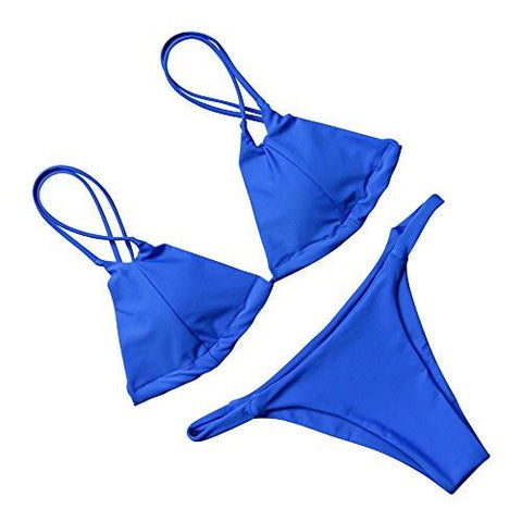 Mooskini Bikini Two Piece Sexy Solid Color Brazilian Top Triangle Bottom MUS Size 46 Blue