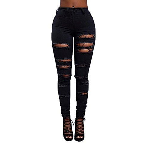 High Waist Knee Skinny Denim Distressed Ripped Boyfriend L Black