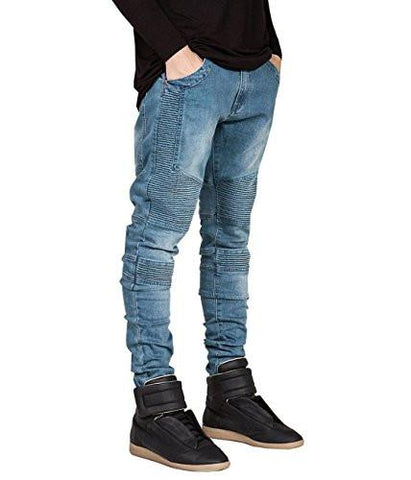 Blue Gray Casual Skinny Slim Fitted Jogger Denim Stretch Fold Pants With Pockets 32 Blue