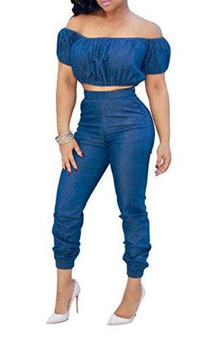Fisace Short Sleeve Off Shoulder Denim Crop Top Pants Suit Set Jumpsuit 2 Pieces