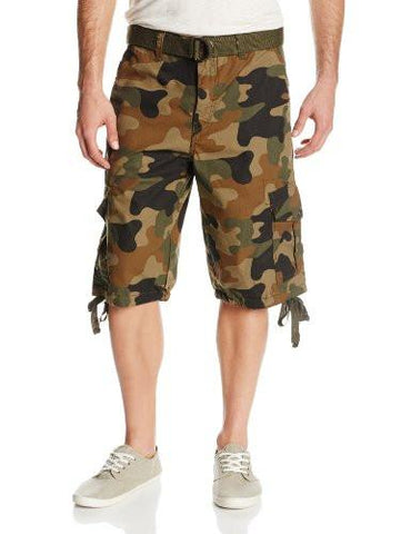Belted Ripstop Camo Cargo Shorts With Washing And 13.5 Inch Length All Season Woodland 36