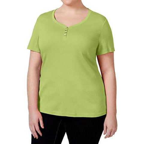 Plus Short Sleeves Pullover Henley Top White 3X