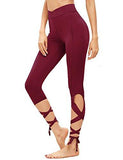 Legging Cutout Tie Cuff Slim Yoga Pants Jogger Workout Tights Burgundy S