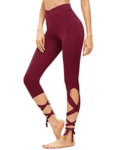 Legging Cutout Tie Cuff Slim Yoga Pants Jogger Workout Tights Burgundy S
