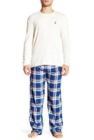 Luxe Lounge Set Wflannel Pant And Ls Pique Crew M Ivory Blue