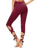 Legging Cutout Tie Cuff Slim Yoga Pants Jogger Workout Tights Burgundy S