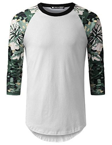 URBANCREWS Hipster Hip Hop Camo Pattern Raglan Baseball Shirt WHITE M