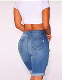 M2Mo High Waist Capri Sexy Ripped Hole Denim Shorts Dark Blue US S