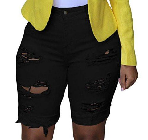 Shawhuwa Sexy SuMMer Hole Destroyed Denim Shorts L Black
