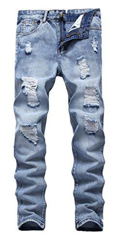 Men Ripped Slim Fit Straight Denim Jogger Pants Vintage Style With Broken Holes 05 W42