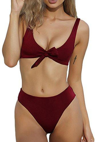 Esonlar Hipsters Sexy Scoop Neck Cropped Top Bandage 2Pcs Swimsuit Bikini Sets Wine M