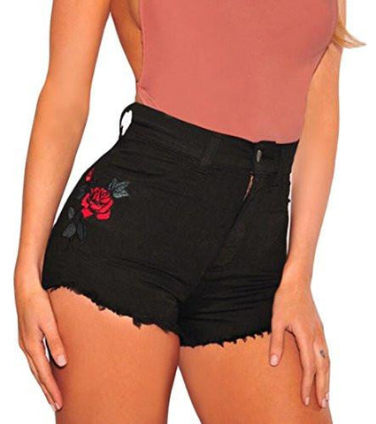 M2Mo Retro Flower Embroidery High Waist Denim Shorts Black US S