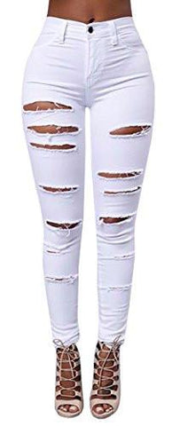 Baifern Ripped Washed Hole Denim Long XLarge White