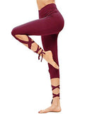 Legging Cutout Tie Cuff Slim Yoga Pants Jogger Workout Tights Burgundy S