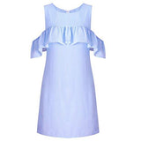 Molfroa Casual Feifei Sleeve Off Shoulder Round Neck Stripe Print Teens Tshirt Dresses MLight Blue