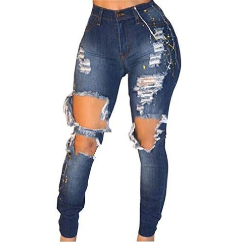 Casual High Waist Destroyed Ripped Distressed Skinny Denim With Holes Xxl