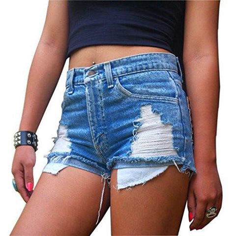 JUNIORS DISTRESSED CUT OFF RIPPED JEAN SHORTS HIGH WAISTED DENIM SHORTS M DENIM BLUE
