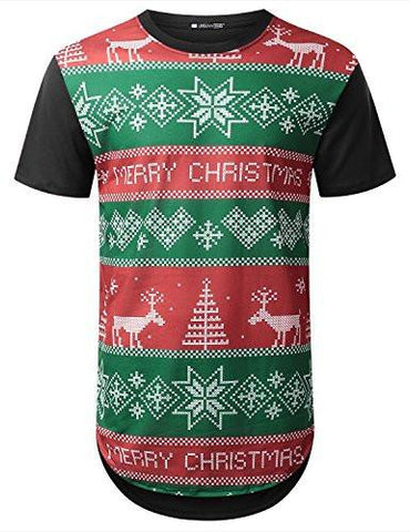 URBANCREWS Hipster Hip Hop XMas Deers Graphic Longline Tshirt BLK S