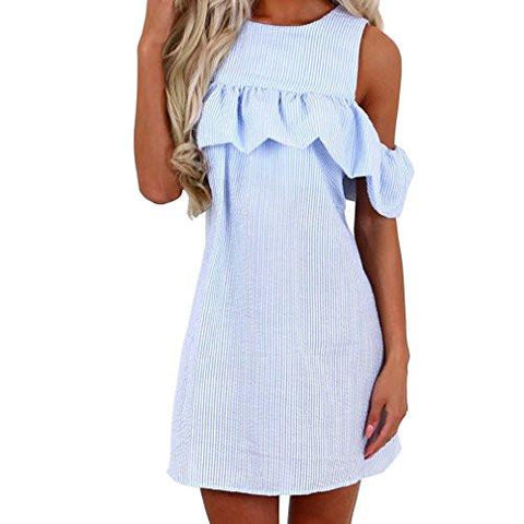 Molfroa Casual Feifei Sleeve Off Shoulder Round Neck Stripe Print Teens Tshirt Dresses MLight Blue
