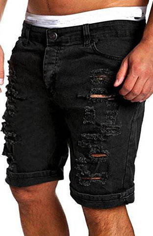 GOGOBOI PLEATED DISTRESSED SLIM FIT JEANS SKINNY RIPPED DENIM SHORTS PANTS XXL BLACK