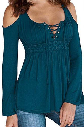 Creti Sexy VNeck Lace Blouse Long Sleeve Bandage Tshirt Tops