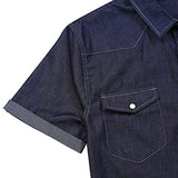 MRWONDER CASUAL SLIM FIT BUTTON DOWN SHIRT SHORT SLEEVE DENIM SHIRTS WESTERN DARK BLUE XL