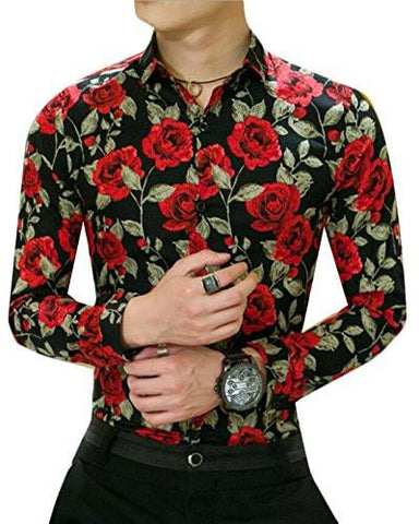 M2MO CASUAL LONG SLEEVE ROSE PRINT BUTTON DOWN SHIRT BLACK US S