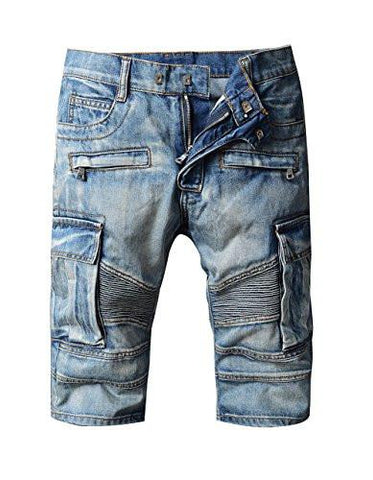 MEN MOTO BIKER JEANS SHORTS DENIM SHORT PANTS W32